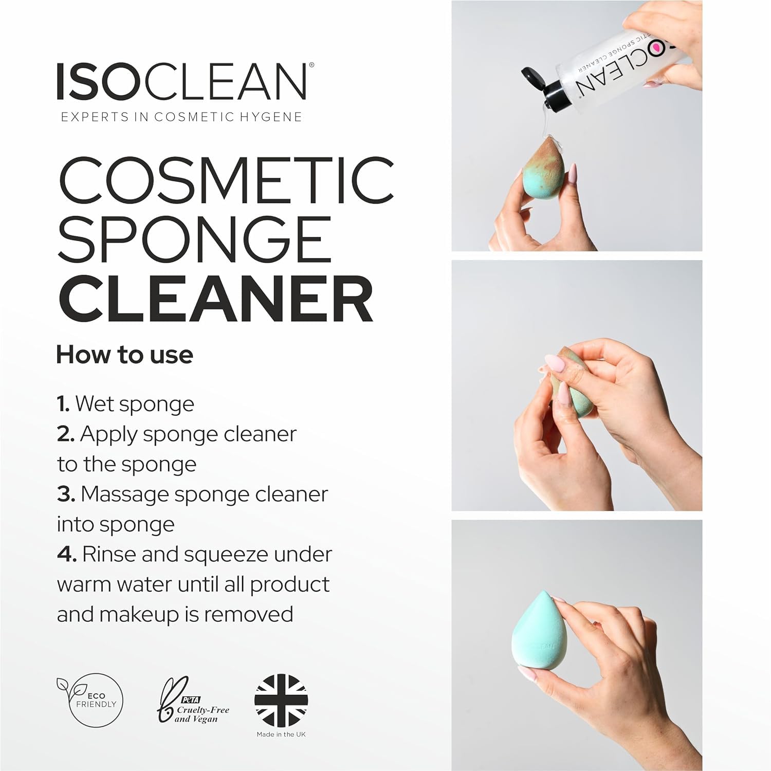 Isoclean Makeup Sponge Cleaner, 275ml, Vegan, Cruelty Free, Hygienic, Easy to Use & Long-Lasting, Professional Cosmetic Grade, Clear, Rectangular
