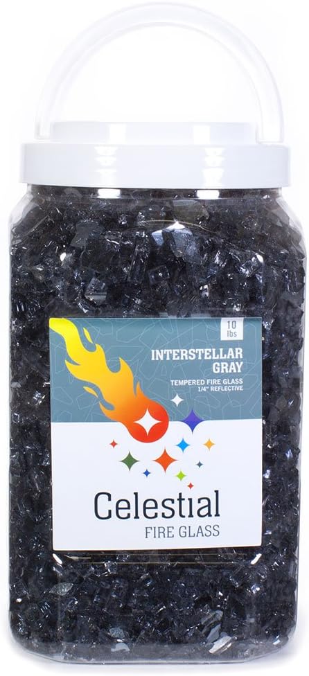 High Luster, 1/4" Reflective Tempered Fire Glass in Interstellar Gray, 10 Pound Jar, by Celestial Fire Glass