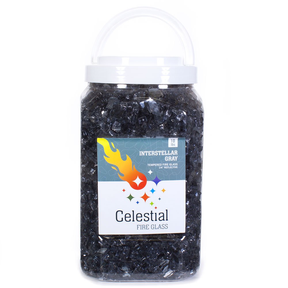 High Luster, 1/4" Reflective Tempered Fire Glass in Interstellar Gray, 10 Pound Jar, by Celestial Fire Glass