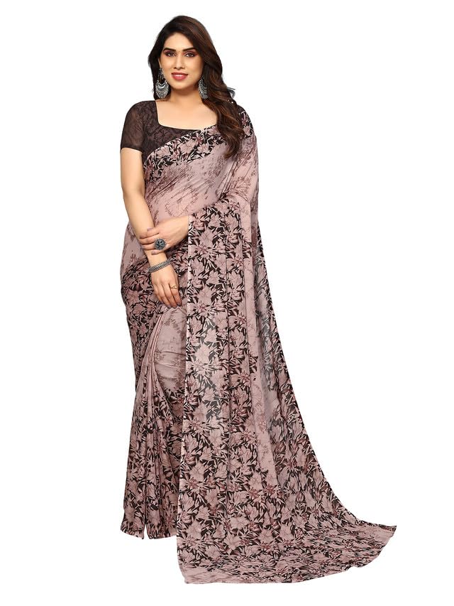 Sari en georgette marron floral Aashita Creations avec son tissu de chemisier non cousu