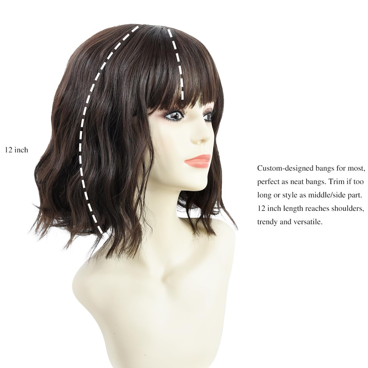 BUYOGET Wavy Bob Wig with Bangs Synthetic Hair Shoulder Length 12 Inch Short Curly Wigs for Women Natural Dark Brown - Image 3