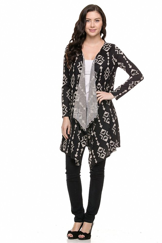 Womens Patterned Long Sleeve Open Cardigan (Large, Black)