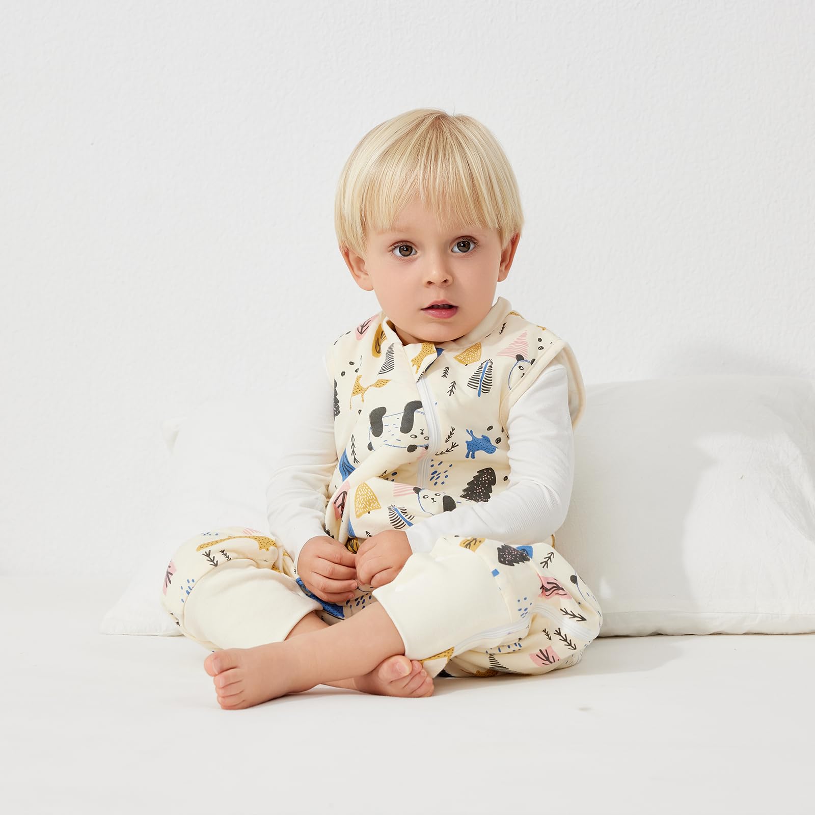 Duomiaomiao Sacco nanna con piedi, per tutto l'anno, in 100% cotone, con piedi, 1,5 Tog, sacco nanna con gambe, per bambini e bambine(Panda beige/1-2 anni)