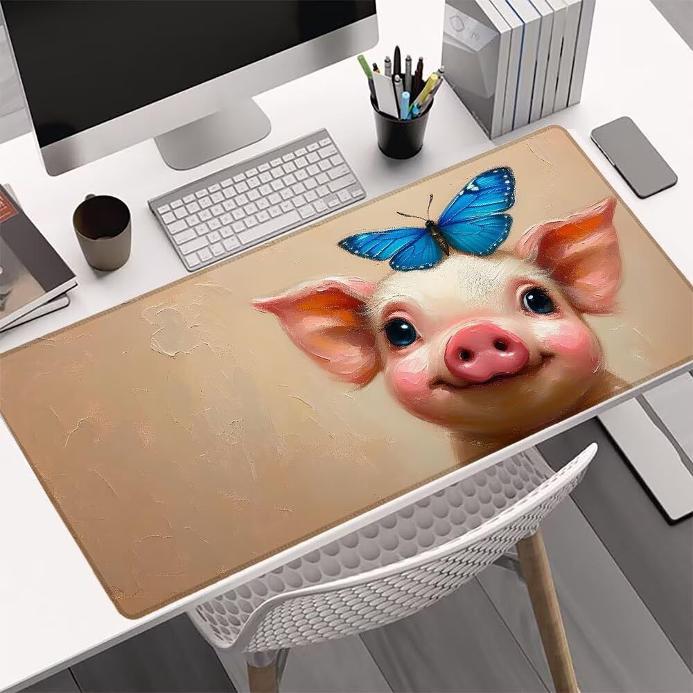 Gamingowa podkładka pod mysz XXL, 1000 x 500 x 3 mm, świnia, duży motyl, podkładka na biurko, antypoślizgowa gumowa podstawa, na biurko, szyte krawędzie, podkładka pod mysz, mata na biurko, mata na