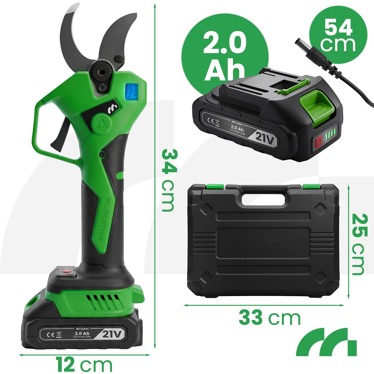 MalTec Sécateur électrique sans fil professionnel Diamètre de coupe 40 mm 2 batteries 21 V avec mallette