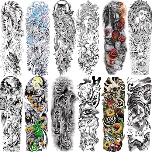 Image of Aresvns 12 Sheets Full Arm Temporary Tattoo Sleeves for Men Women Adults