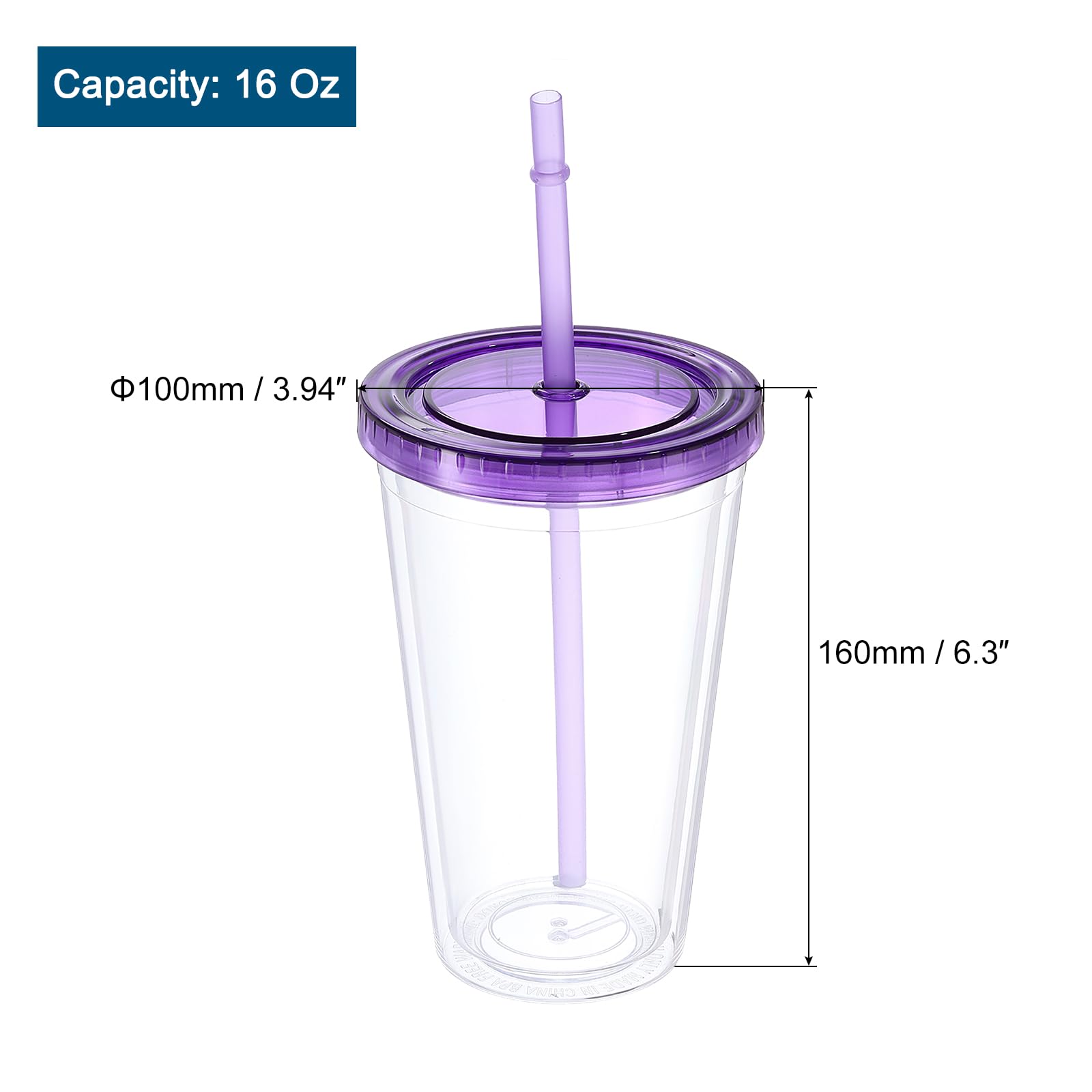 uxcell Gobelet en acrylique avec couvercle et paille – Gobelets réutilisables à double paroi pour café glacé – Gobelets de voyage transparents pour cadeaux d'anniversaire, 473 ml (violet)