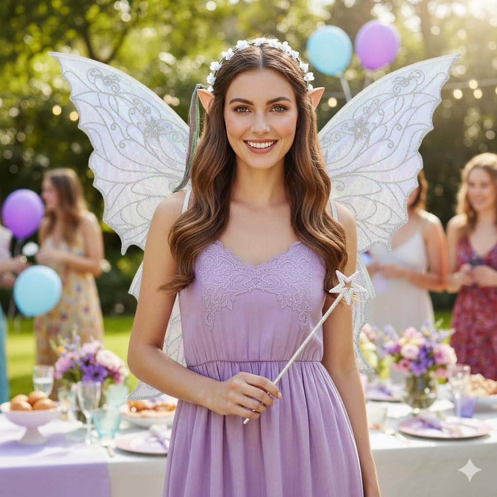 Fairy Wings for Adults, Fairy Costume Set with Floral Garland, Fairy Hair Tinsel, Wand & Elf Ears – 31.5"x21.6" Organza Butterfly Wings – Ideal for Cosplay, Party, Silver
