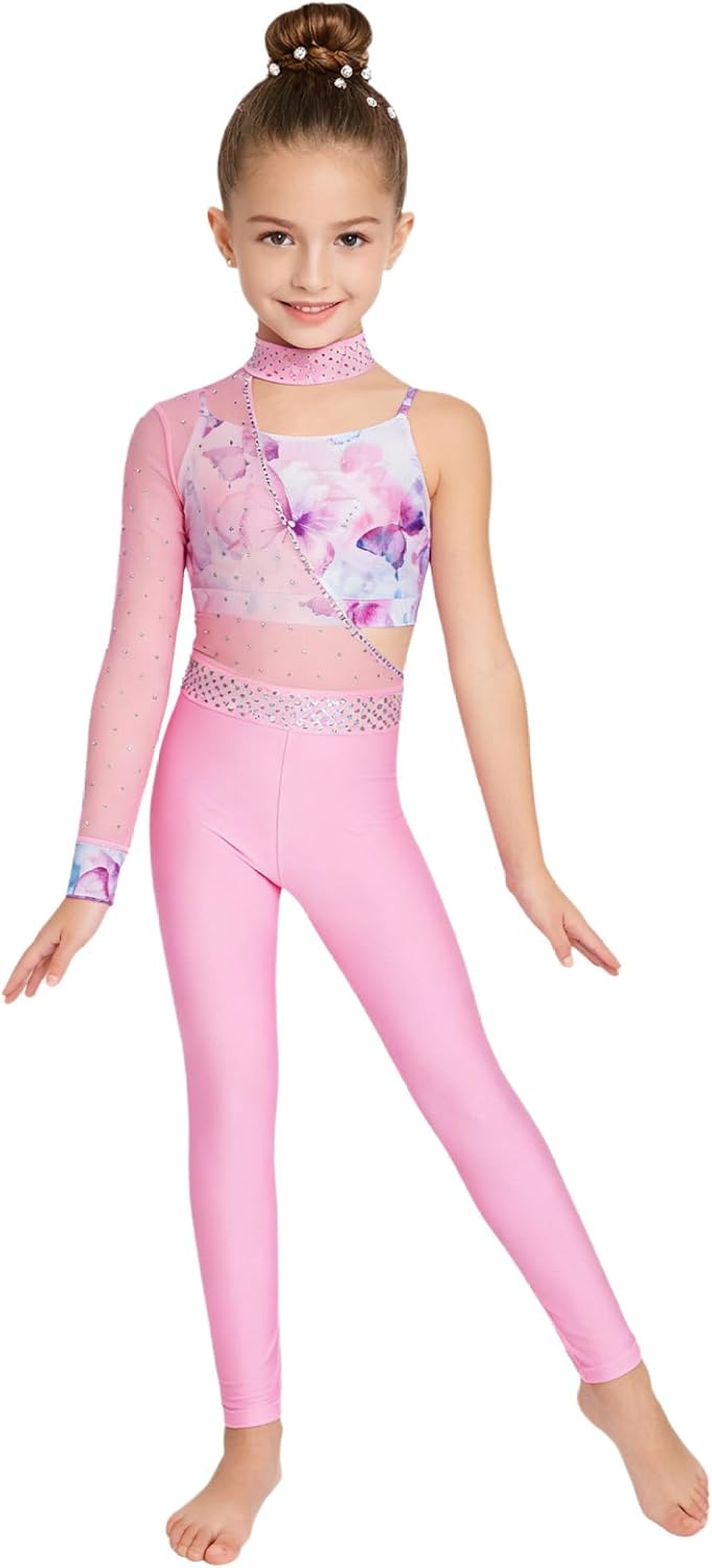 Girls Print Gymnastics Leotards 2 Piece Set One Shoulder Sleeve Rhinestones Jumpsuit with Vest