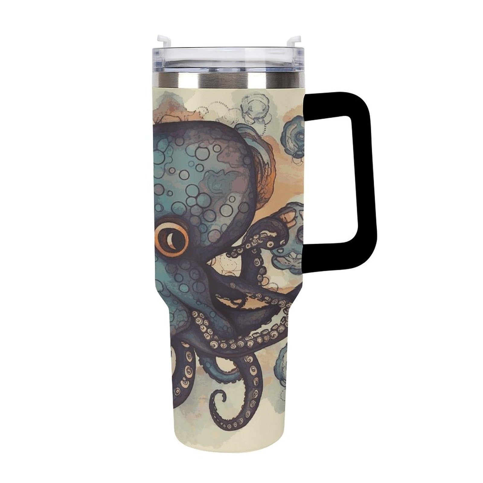 Retro-Oktopus-Tassen mit Strohhalm und Griff, doppelwandige Vakuumisolierung, Wasserflaschen für Eiskaffee, Tee, heiße und kalte Getränke