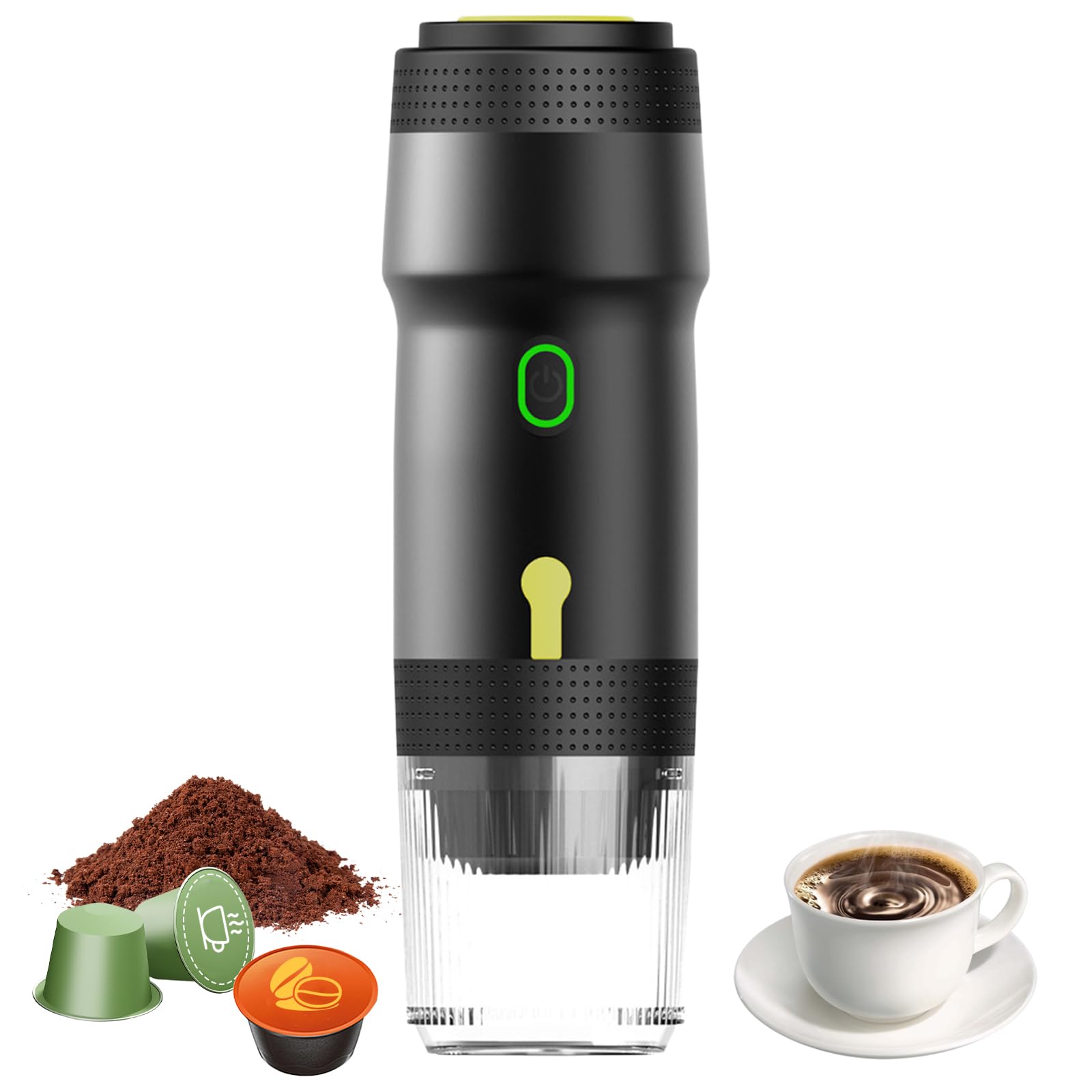 Máquina de Café Portátil, Cafetera Eléctrica 3 en 1 con Batería, Máquina de Café Expresso con Cápsulas, Máquina de Espresso para Camping, Oficina, Viajes, Casa (Negro)