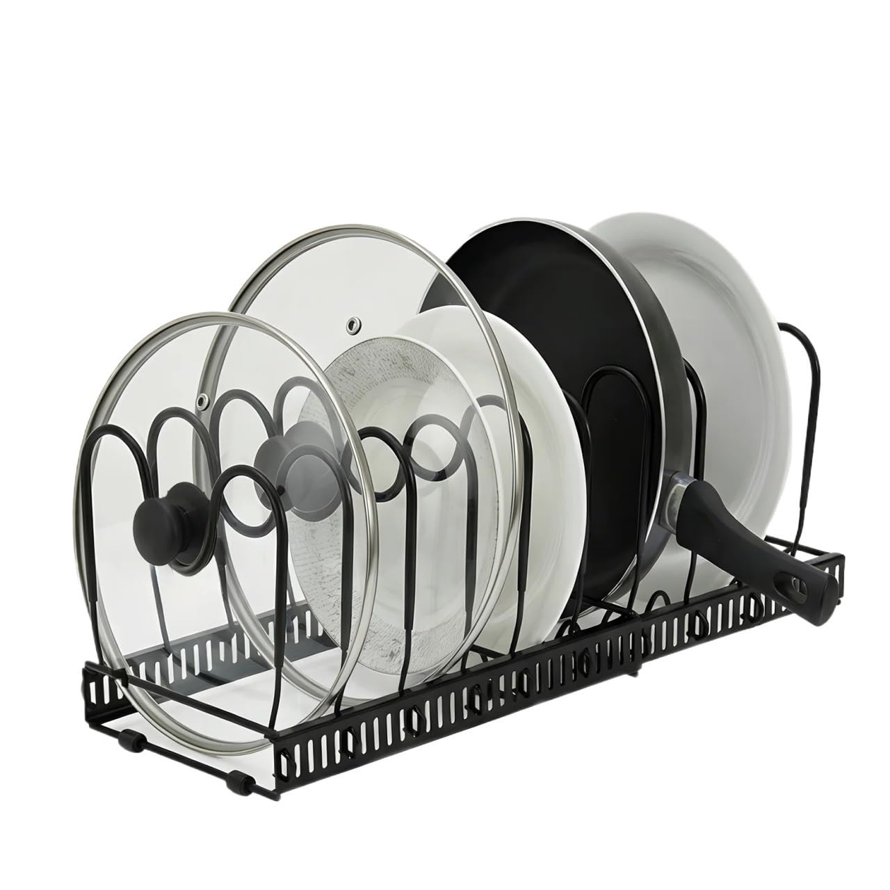 LYVQZPWLR Pot Lid Organizer Rack, Black Steel Expandable Pan Lid Holder For Cabinet With 10 Adjustable Dividers