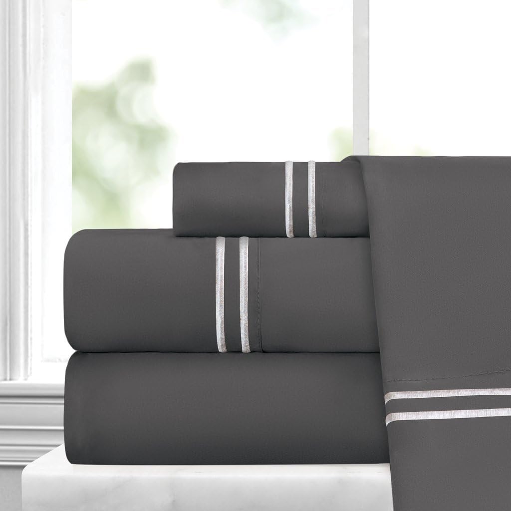 Egyptian Luxury Embroidered Bed Sheet Set – Ultra Soft Premium 1500 Series w/ Beautiful Stripe Embroidery – Wrinkle & Fade Resistant, Hypoallergenic 4 Piece Set - Cal King - Gray/Light Gray