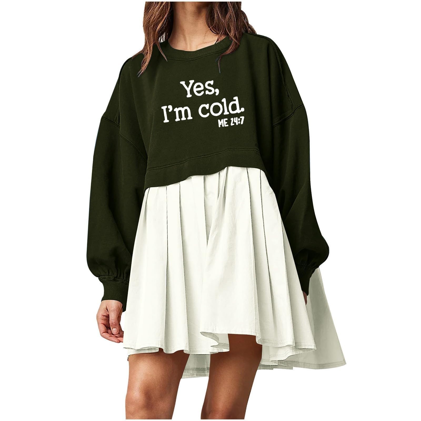 Women Oversized Sweatshirt Dress Crew Neck Long Sleeve Pullover Tops Color Block Relaxed Fit Fall Mini Dress