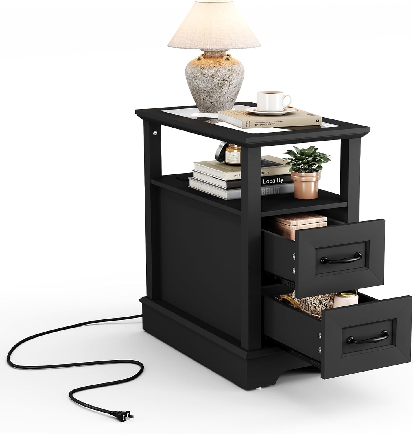 LINSY HOME Narrow End Table with Charging Station, Side