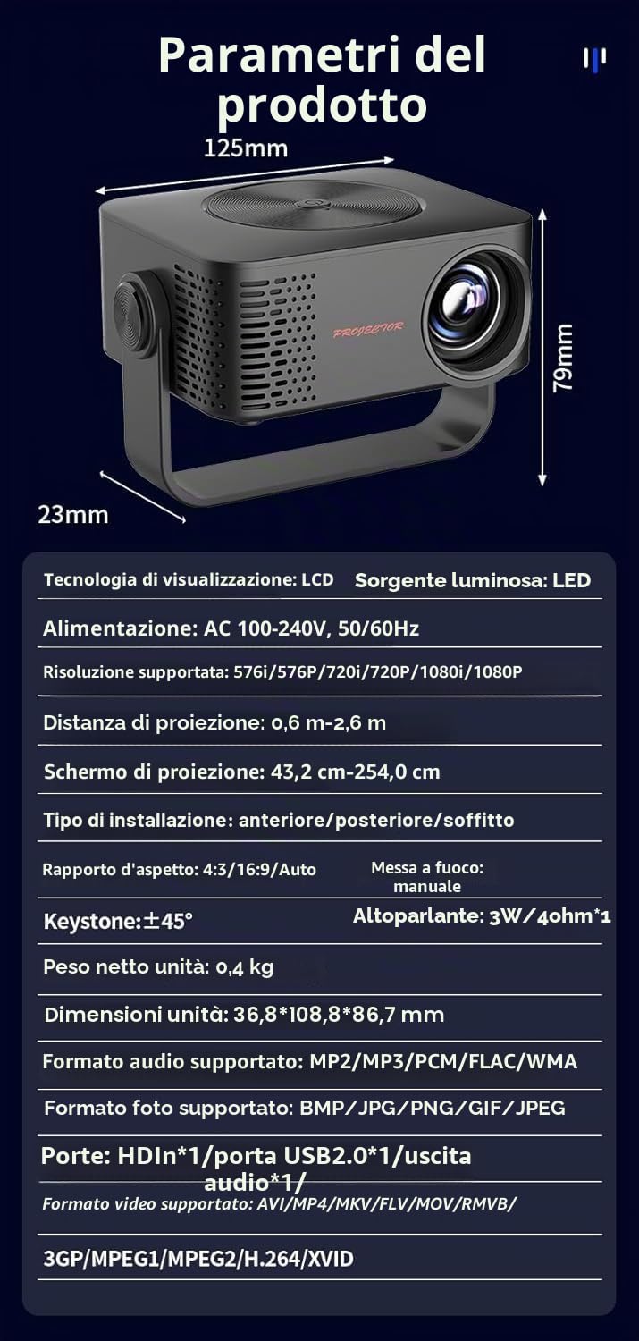 Mini Proiettore, 4K 1080P Proiettore Portatile con Zoom, Support WiFi Rotabile 360°, Video Projector TV Home Cinema per Cellulari Tablet/Laptop/PC/HDMI/USB(Nero)