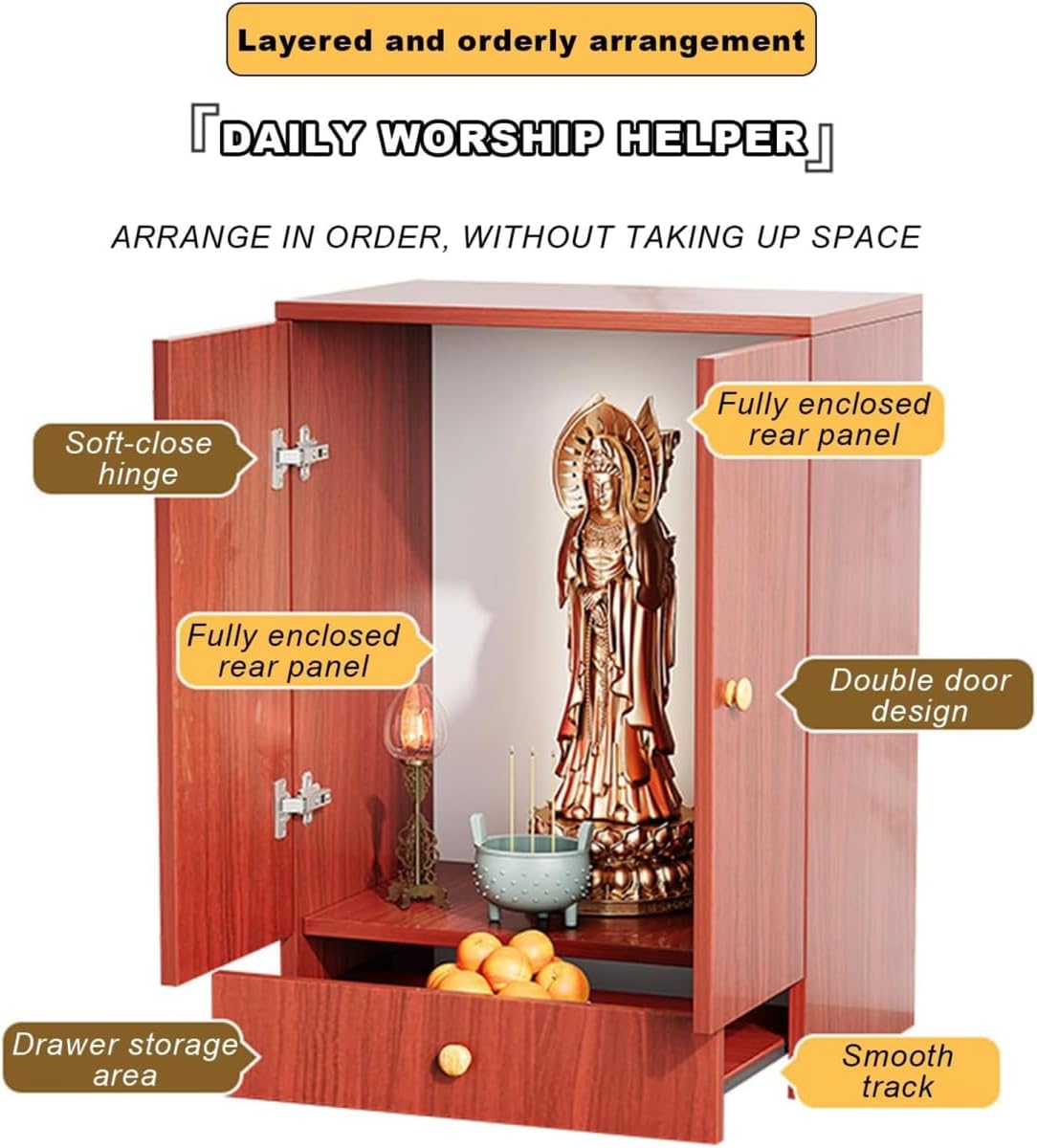 Wooden Home Buddha Altar Cabinet- Prayer Meditation Table with Drawer and Double Doors -Small Personal Shrine-Suitable for Enshrining Statues Praying and Worshiping Buddha