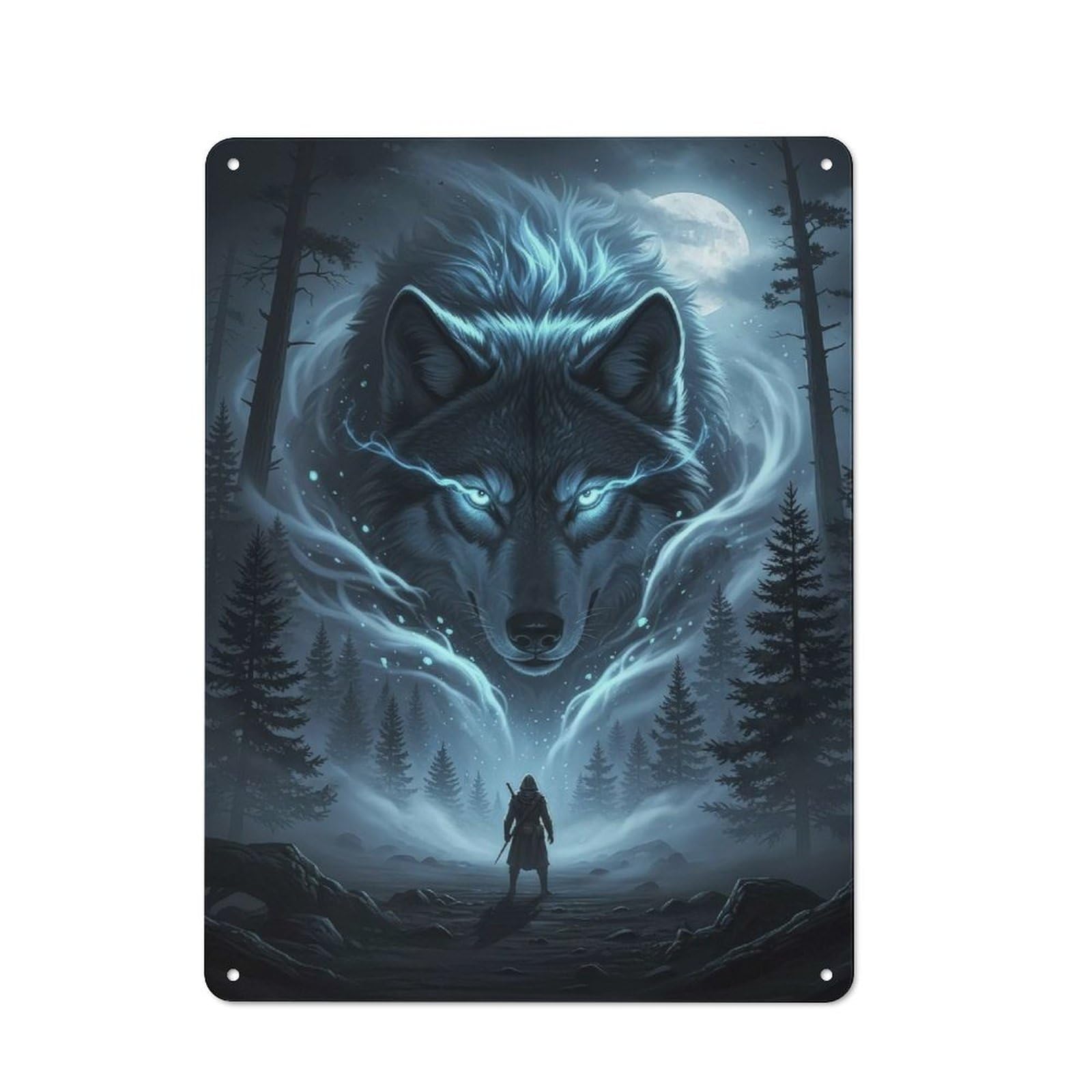 Junmoney Style-14 For Home Office Or Studio, Mystical Wolf And Warrior In Forest Retro Tin Wall Plaque 40X30cm, A Housewarming Gift For Creative Workspace Decorators