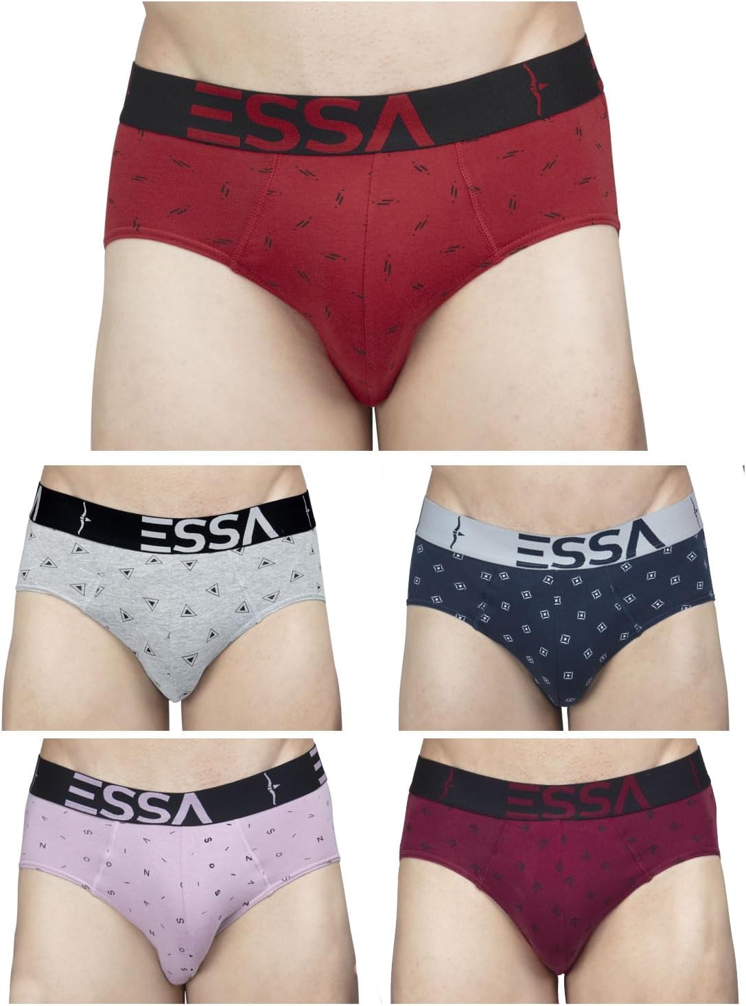 ESSA Men's Printed Briefs – Pack of 5 | Comfortable Stretchable Fabric | Broad Waistband for Secure Fit | Seamless Design for Ultimate Comfort | Durable & Easy Care