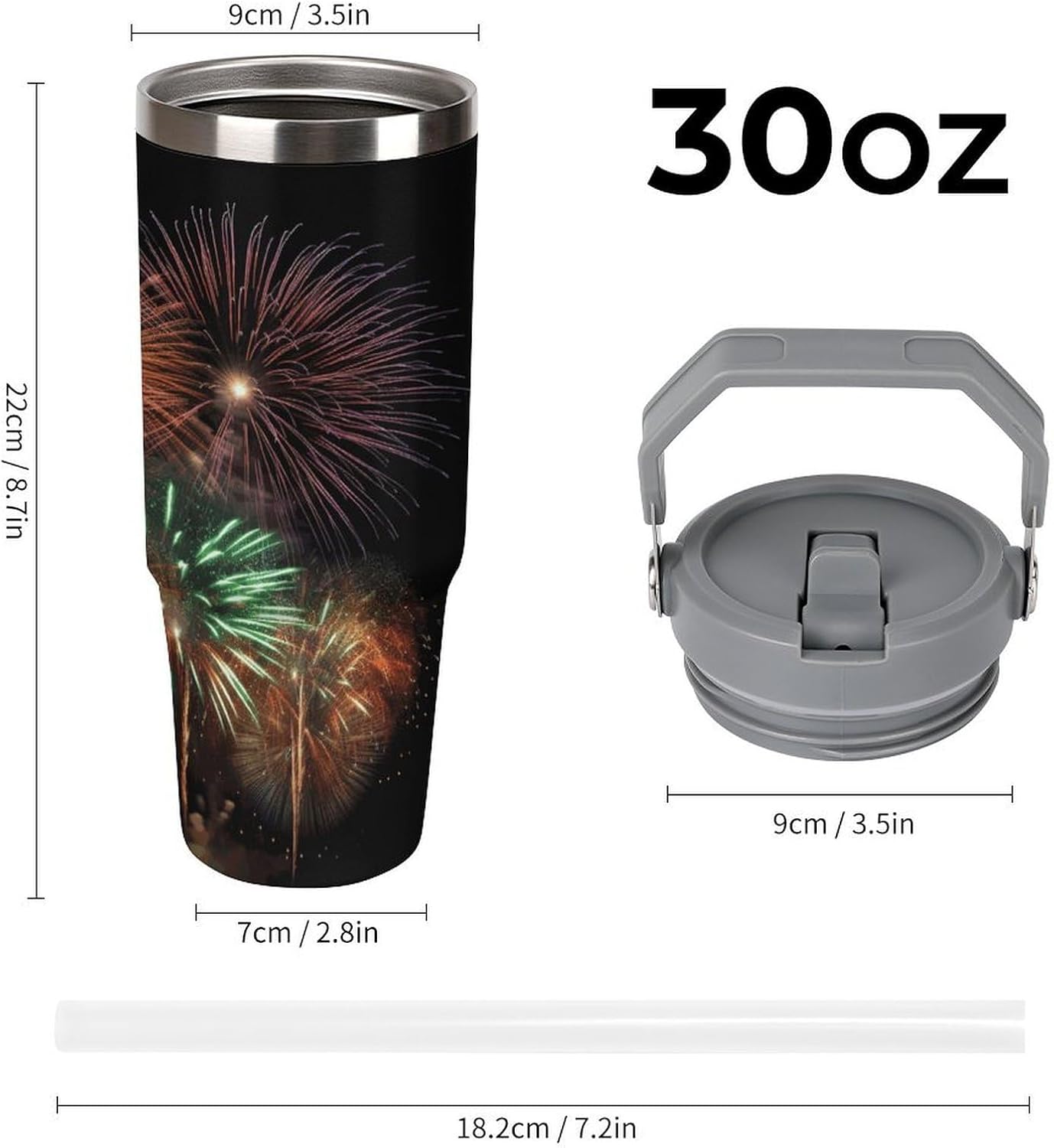 Splendid Fireworks Water Bottle 30 Oz Fits Car Cup Holder,Insulated Coffee Mug Large Capacity Car Cups,Stainless Steel Double Wall Sport Bottle for Travel Sports Gym