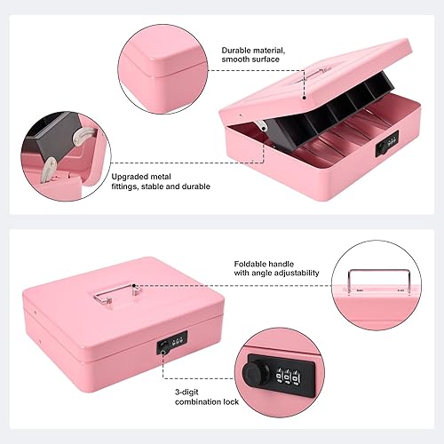 Miniatura 7 de Caja de dinero grande con cerradura de combinación y bandeja de dinero, caja de dinero con bandeja para efectivo, caja fuerte con cerradura para