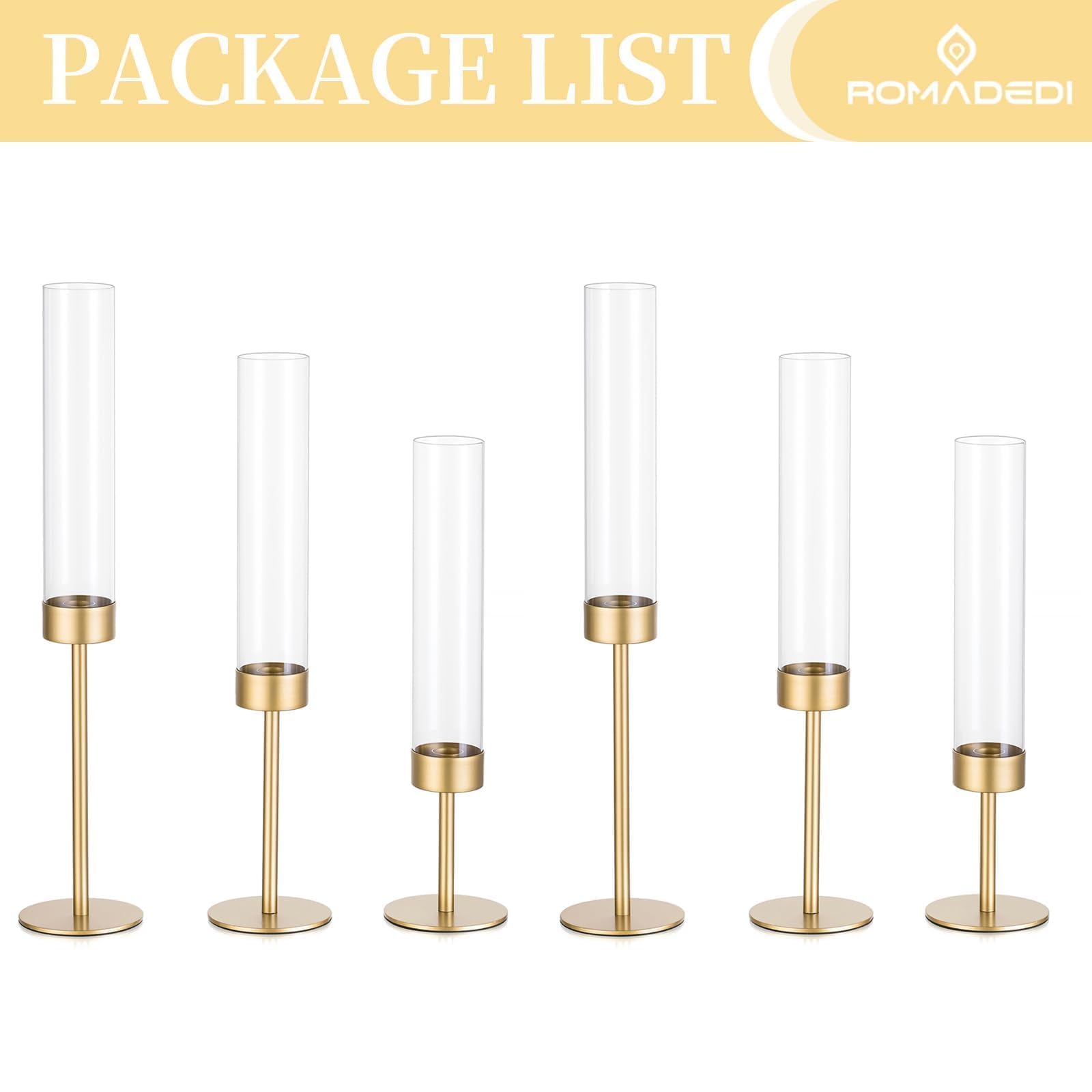 Romadedi Lot de 6 bougeoirs avec cylindre en verre - Bougeoirs en verre et métal pour Noël, mariage, décoration de fête à la maison