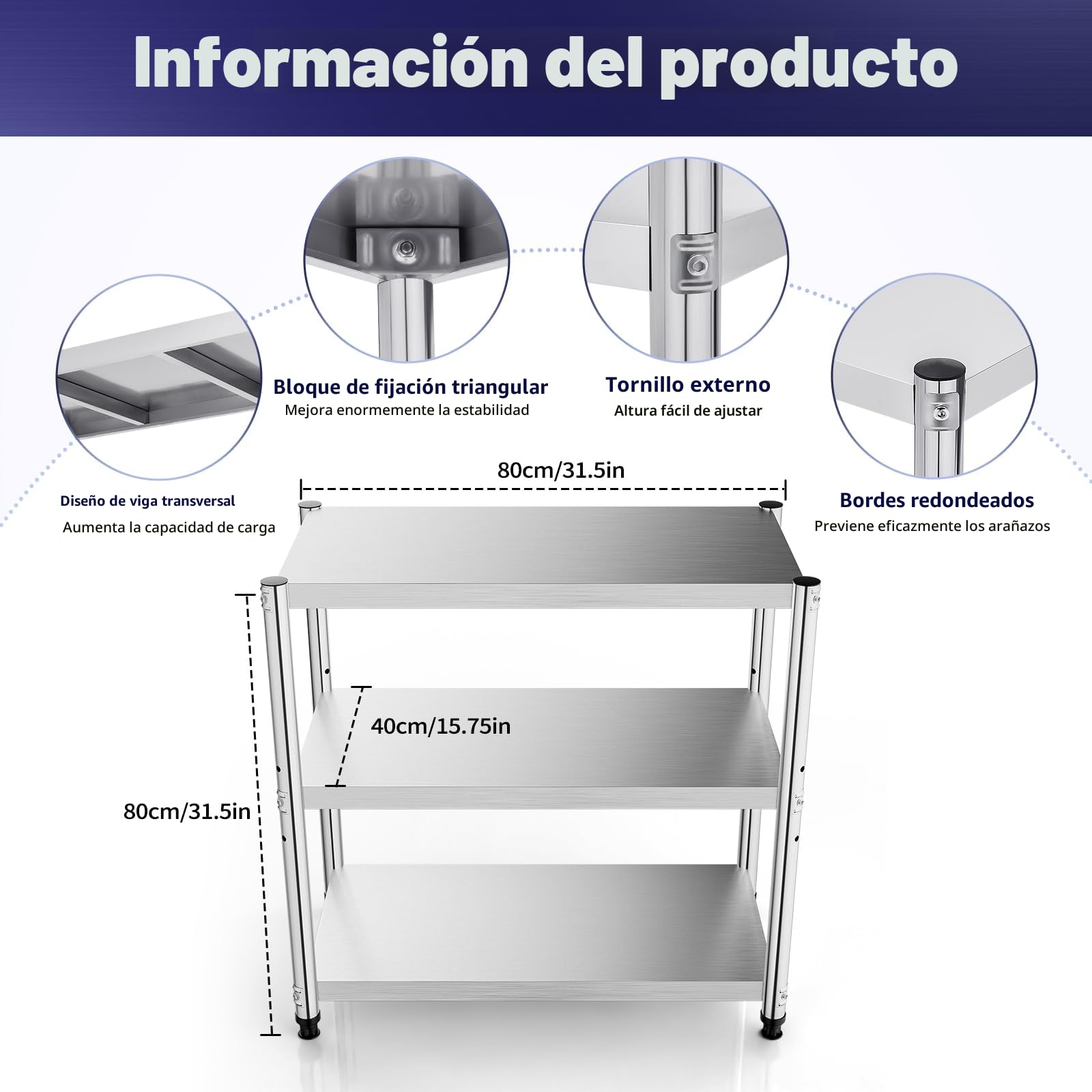 Estantería de acero inoxidable de 3 niveles, mesa de trabajo y cocina ajustable, 80 x 40 x 80 cm, soporta 30 kg