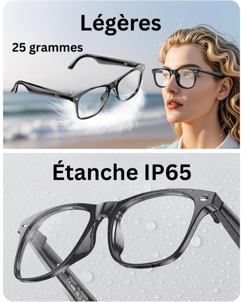 Lunettes Connectées IA, Bluetooth, Unisexe, Appels, Musique, Traduction Vocale 134 Langues, IP65 Étanche, 25g, Verres Noir
