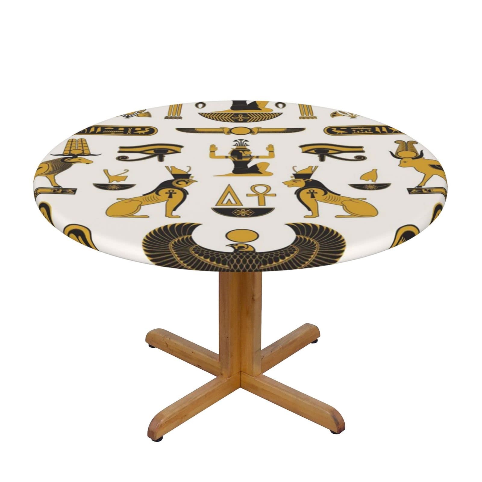 Lsjuee Round Fitted Tablecloth 45-50in Elastic Edged Table Cloth for Kitchen Dining Party Home Decor - Ancient Egyptian Symbols Golden White