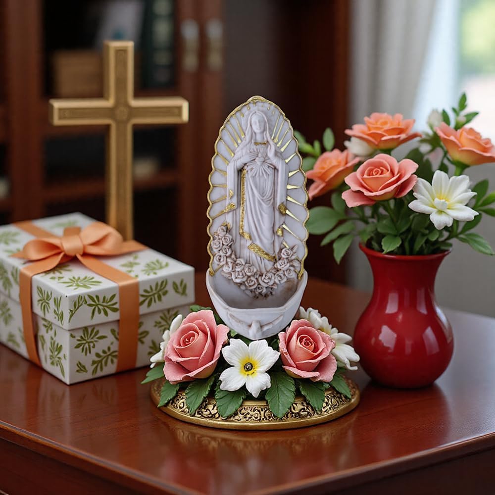 Catholic Wall Decor,Holy Water Font for Home, Handcrafted White Resin Wall-Mounted Holy Water Holder,Virgin Guadalupe Statue Fonts for Home Altar, Church, Gifts