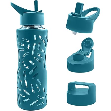 25oz Glass Water Bottles with Straw Cap – Wide Mouth Glass Sports Water Bottles w Protective Silicone Sleeve + 3 Reusable Different Leak-Proof Lids (BPA Free) for Fitness and Outdoor(Mint blue)