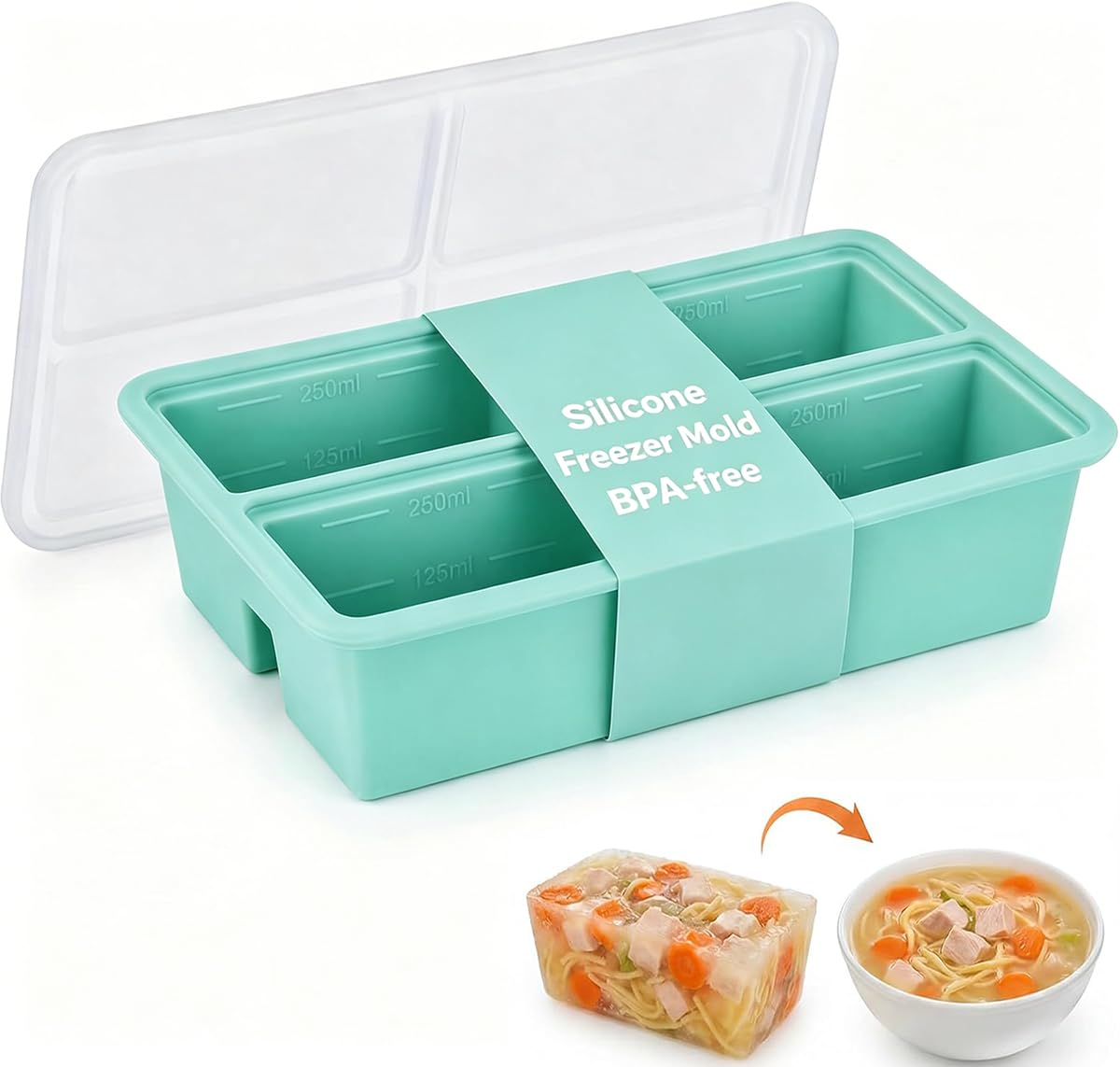 2-Pack Silicone Freezer Tray 1 Cup/250 mL Silicone Freezer Cubes with Lids, Perfect for Storing Soup, Broth, Sauces, Batch Cooking , Oven-Safe Silicone Freezer Moulds (1 pack Green(4 Compartments))