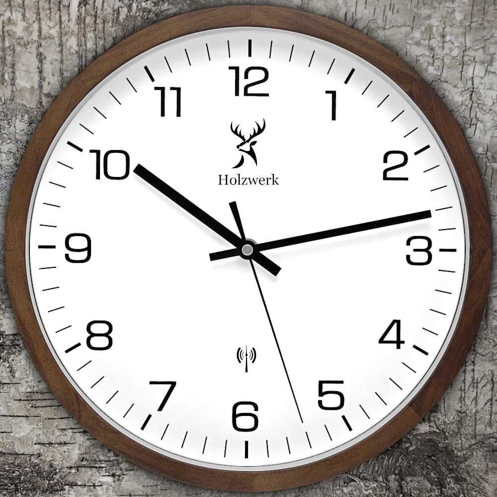 Holzwerk Felsberg Natur Funkwanduhr Funk Wanduhr Holz-Uhr Vintage Funkuhr nahezu lautloses Uhrwerk Schleichende Sekunde Buche Braun Weiß aus handgefertigtem Massivholz Natur Holz 30 cm