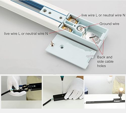 Miniatura 6 de H Kit de rieles de iluminación de riel de 120 V, 3.3 pies, 3 cables, circuito único tipo H con tapas finales y conector de alimentación de extremo