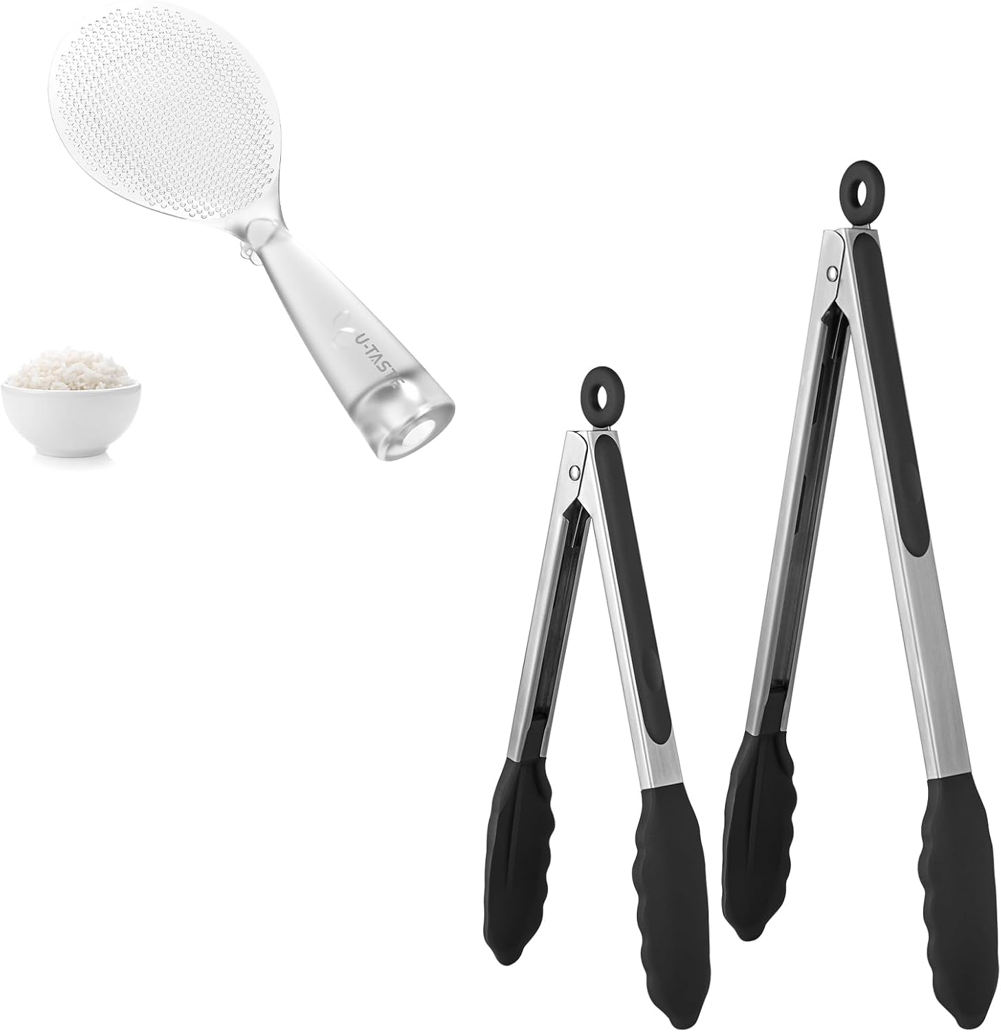 U-Taste 9+12 inch 600ºF Heat Resistant Silicone Kitchen Tong Set of 2 (Black) and 329°F Heat Resistant Rice Spoon Paddle Scooper (Transparent)