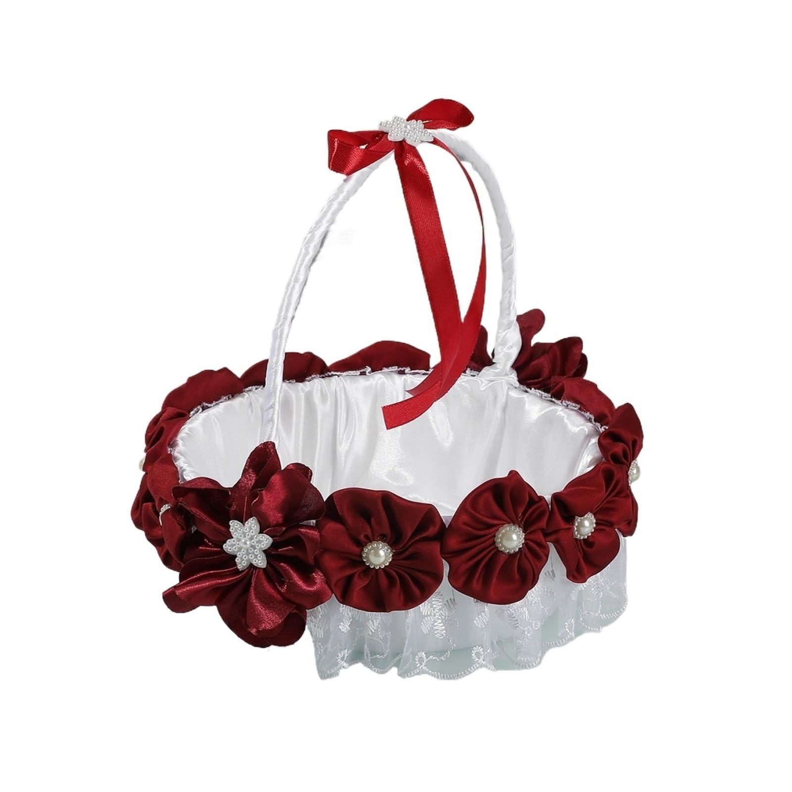Flower Girl Bow Basket Burgundy Lace Red Satin