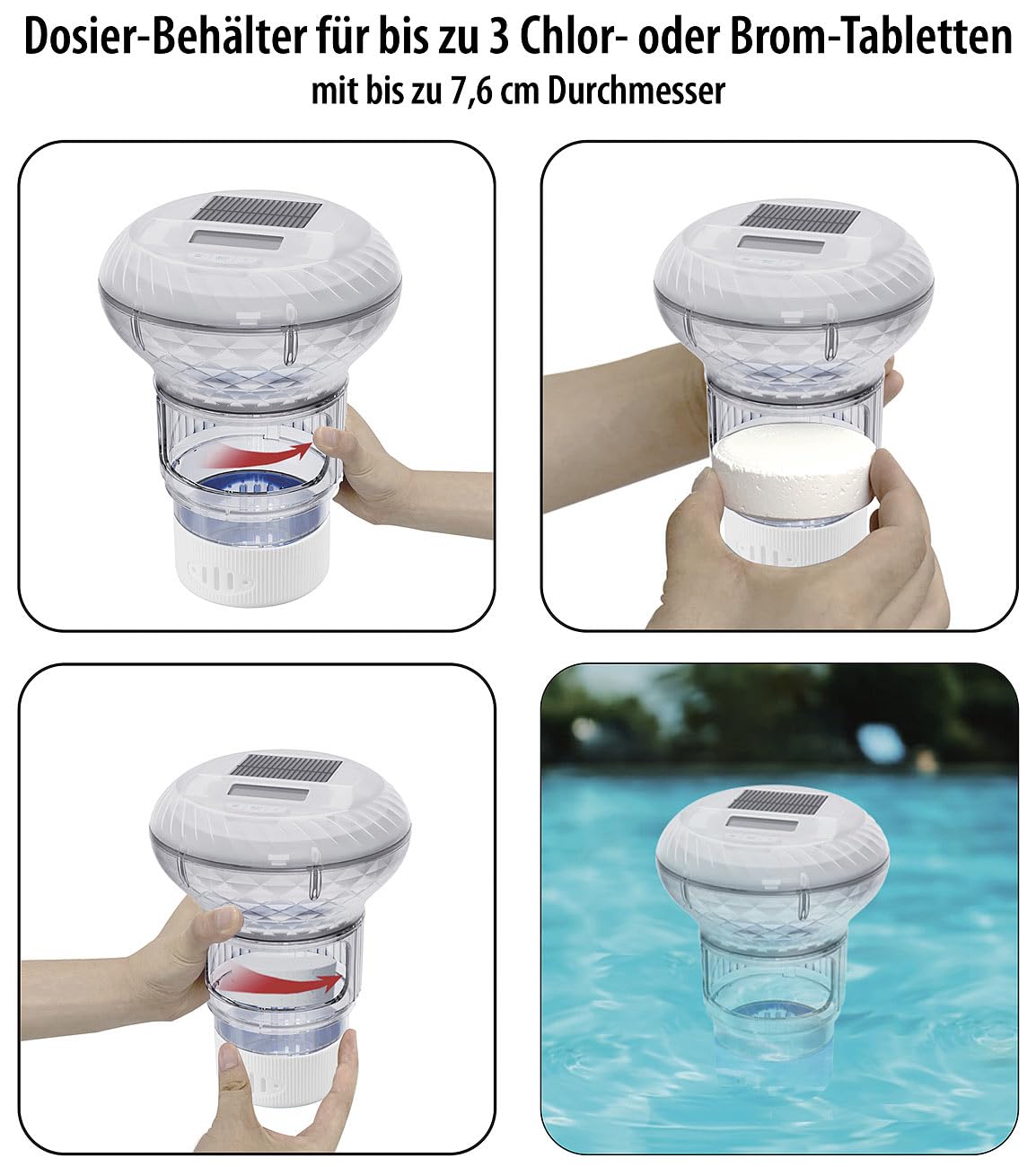 infactory Dosierschwimmer: 3in1-Poolthermometer, Chlor-Dosierer und RGB-Leuchte, Solar, Akku, LCD (Gartenteich-Thermometer, Whirlpool Thermometer, Baby)