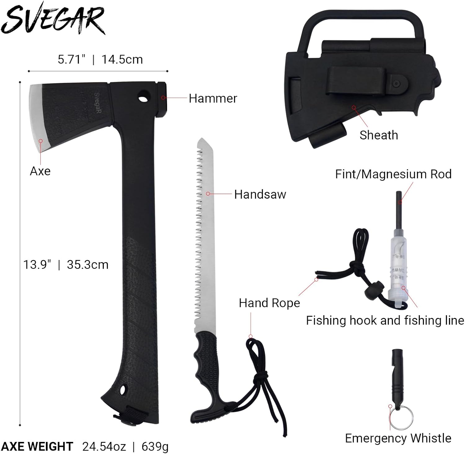 Camping Axe and Hatchet Multi-Tool – 14" Survival Outdoor Axe, Includes Handsaw, Fire Starter, Sheath, Fishing Kit & Whistle – Compact Tool for Camping, Hiking & Bushcraft