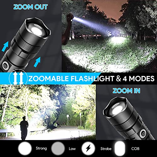 Led Tactical Flashlight 90000 High Lumen, Magnetic Rechargeable Flashlight With Cob Work Light, Xhp70.2 Super Bright Led, Zoomable, Waterproof, 4 Modes Best Led Flash Lights For Camping, Emergency #TOP3