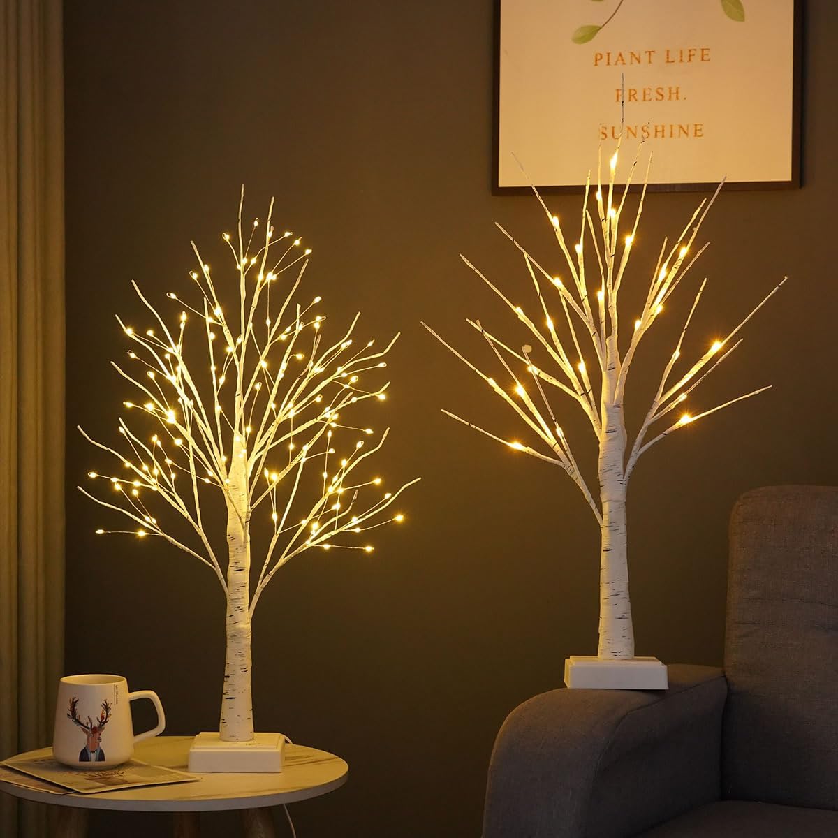 White Birch Christmas Tree with LED Lights, 2ft Battery/USB Operated Small Tree with Timer, Holiday Tabletop Decor for Home Office Desk (C)