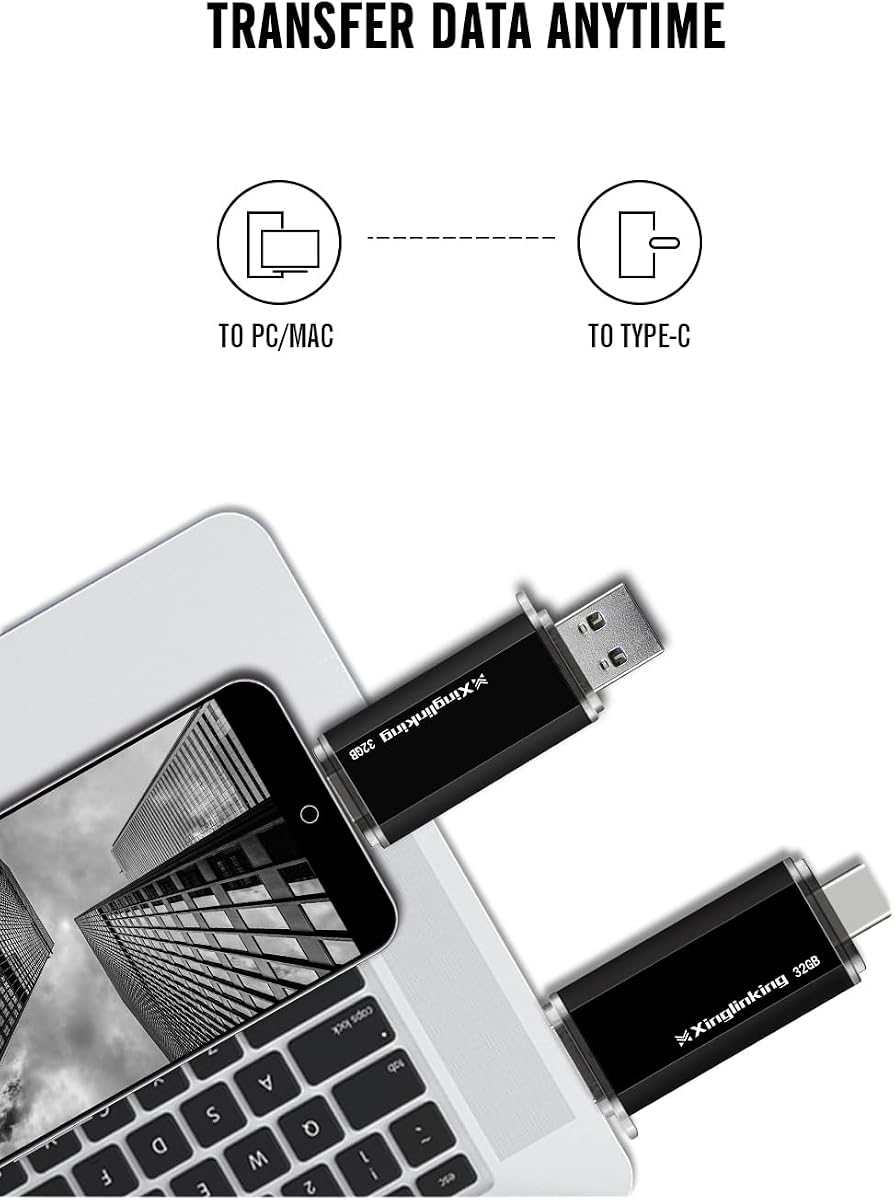 32GB USB Flash Drive USB C + USB A Dual Type C Memory Stick 2-in-1 Thumb Drive Jump Drive for Photos/Videos/Files (32GB)
