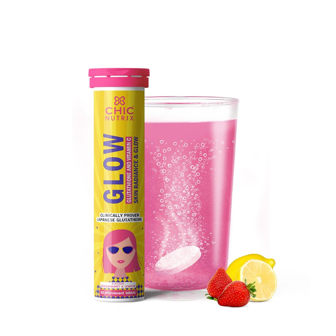 CHICNUTRIXGlow- 10 Effervescent Tablets| Japanese Glutathione & Vit. C| Antioxidants for clear, glowing skin| Sugar-free, Strawberry-lemon flavour.