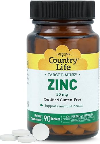 Country Life Zinc 50 mg, Target Mins, 90 Tabletas, Certificado Sin Gluten, Certificado Vegetariano