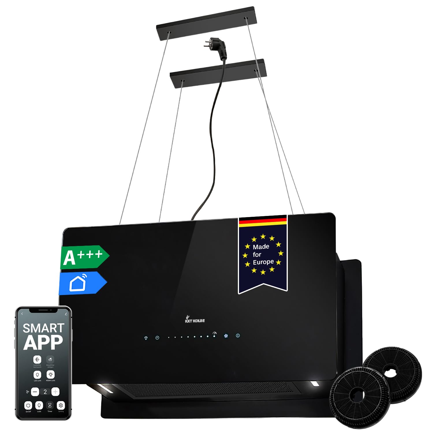 KKT KOLBE A+++ CUBE60FB - Cappa aspirante 60 cm, 684 cbm/h, 9 livelli | Smart WiFi App WiFi | Cappa isola sospesa | Montaggio a soffitto | Nero | Vetro | Illuminazione a LED | Ricarica automatica