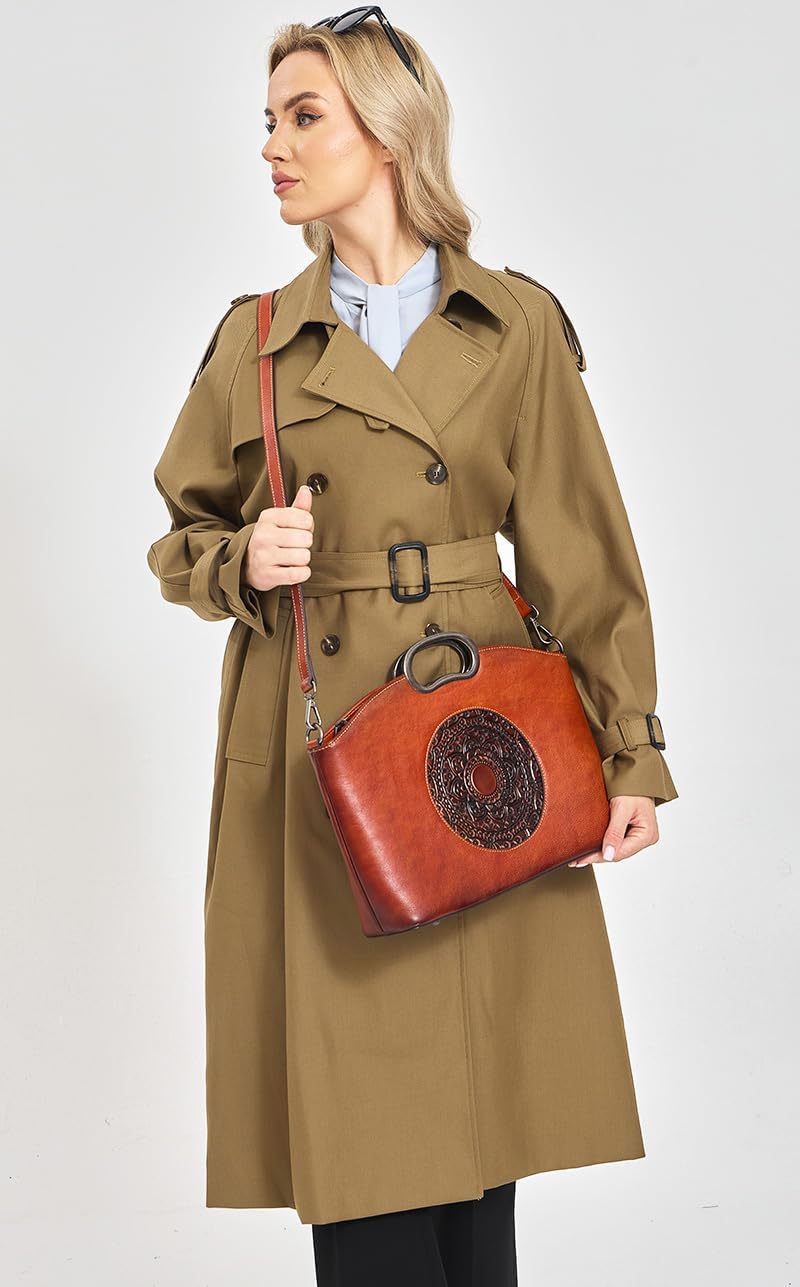 Genuine Leather Handbags Purses for Women Crossbody Bag Large Satchel Vintage Embossed Totem Shoulder Hand Bag - Image 8