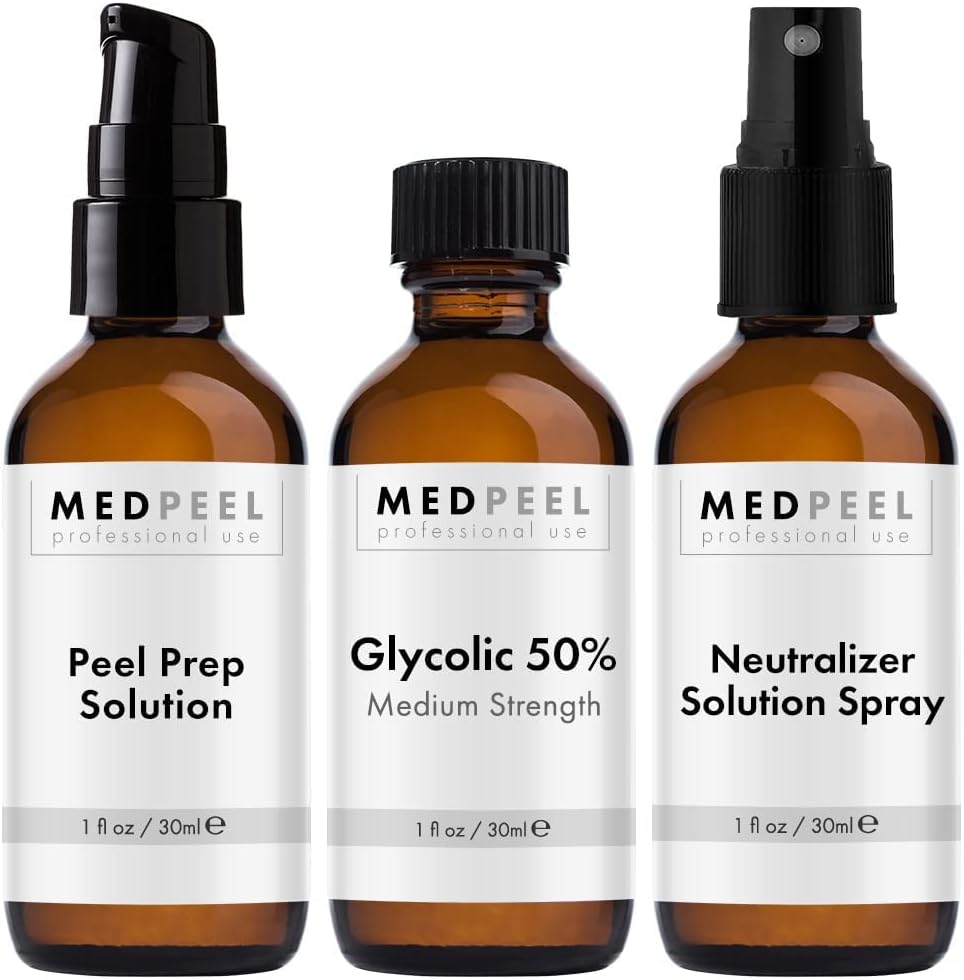MedPeel Glycolic Acid 50% Essential Peel Kit, Includes: Prep, Neutralizer, Medium Strength Chemical Face Peel, Minimize Fine Lines, Wrinkles, Dark Spots, All Skin Tones, 1oz/30ml (Kit of 3)