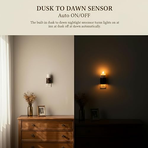 Miniatura 3 de Meonum Paquete de 2 velas sin llama para enchufar a la pared, sensor de movimiento LED, luz nocturna del atardecer al amanecer, luz nocturna rústica