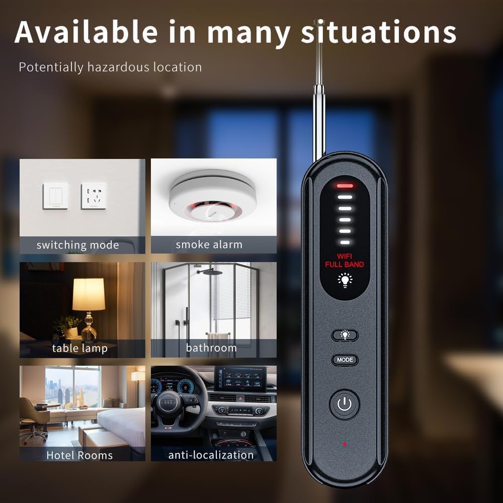 anti-spy hidden camera detector 6-in-1, gps tracker & bug detector, rf signal scanner, rechargeable privacy protector for travel, hotel, home, office & car (black)