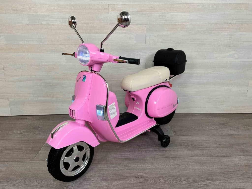 PEKECARS Moto electrica para niños Color Rosa Vespa Clásica Piaggio PX-150 12 voltios. Moto a bateria para niños. Moto Vespa niños. Luces, Asiento Acolchado y maletin Trasero.