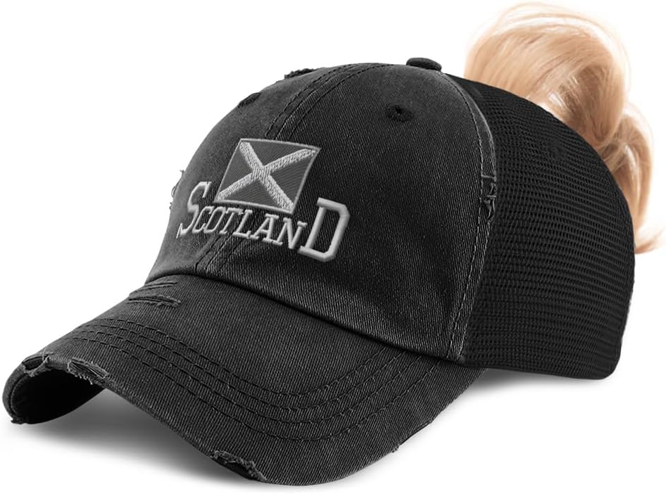 Speedy Pros Ponytail Cap Women's Baseball Cap Embroidered Scotland Flag Scottish Black Alba Scot Cotton
